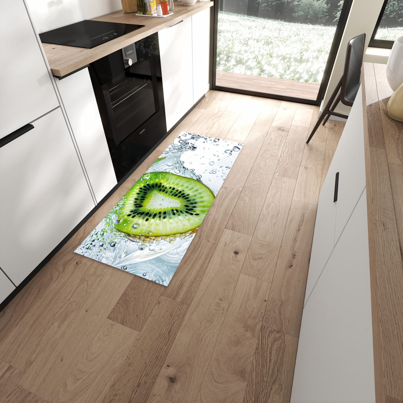 Wasserabweisender Teppich für die Küche mit Motiv Kiwi im Wasser in moderner Küche #grösse_60 x 150 cm