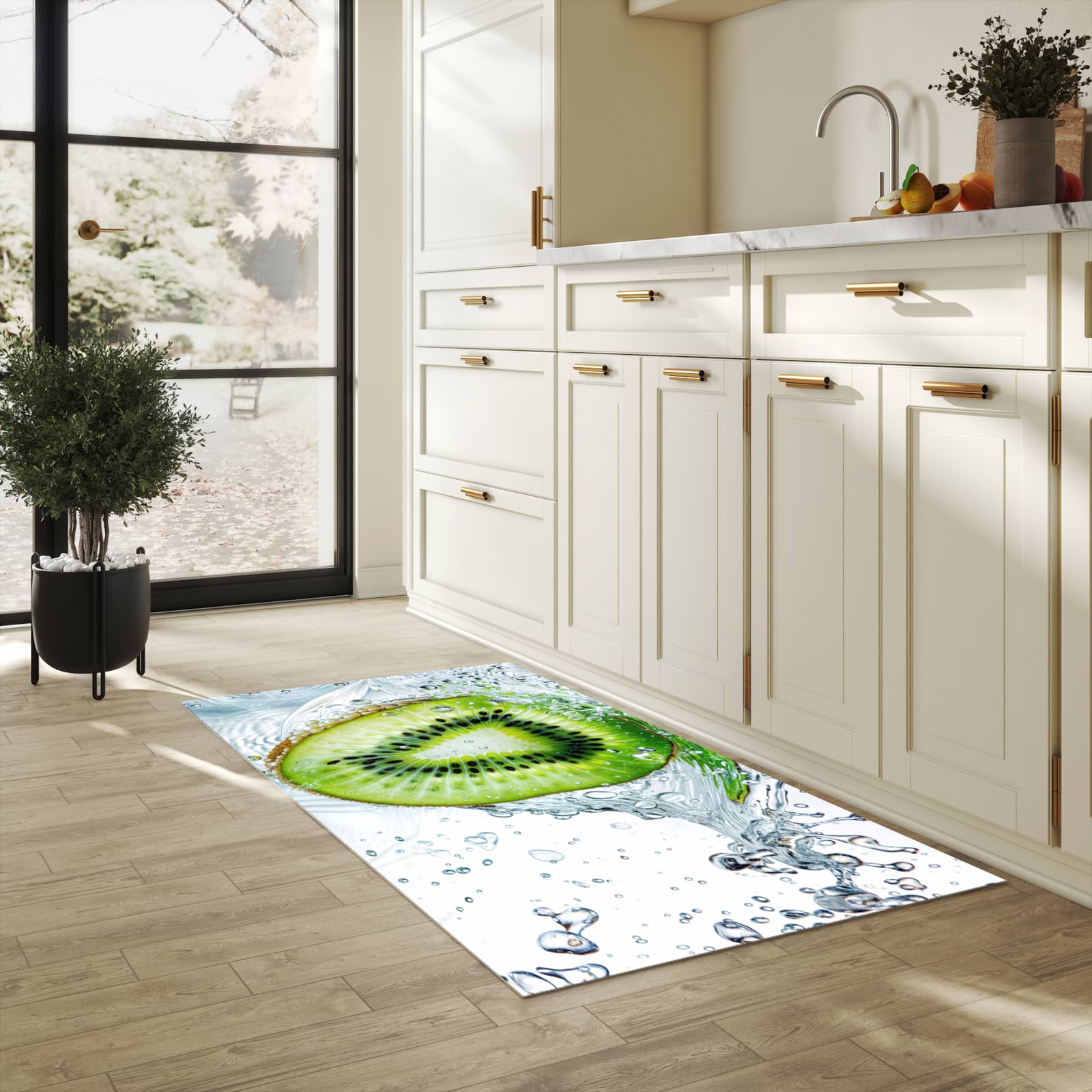 Waschbarer Küchenteppich mit Motiv Kiwi im Wasser in heller Küche