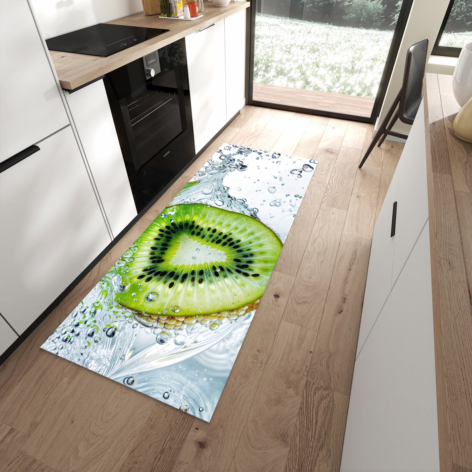 Rutschfester Küchenteppich mit Motiv Kiwi im Wasser in moderner Küche