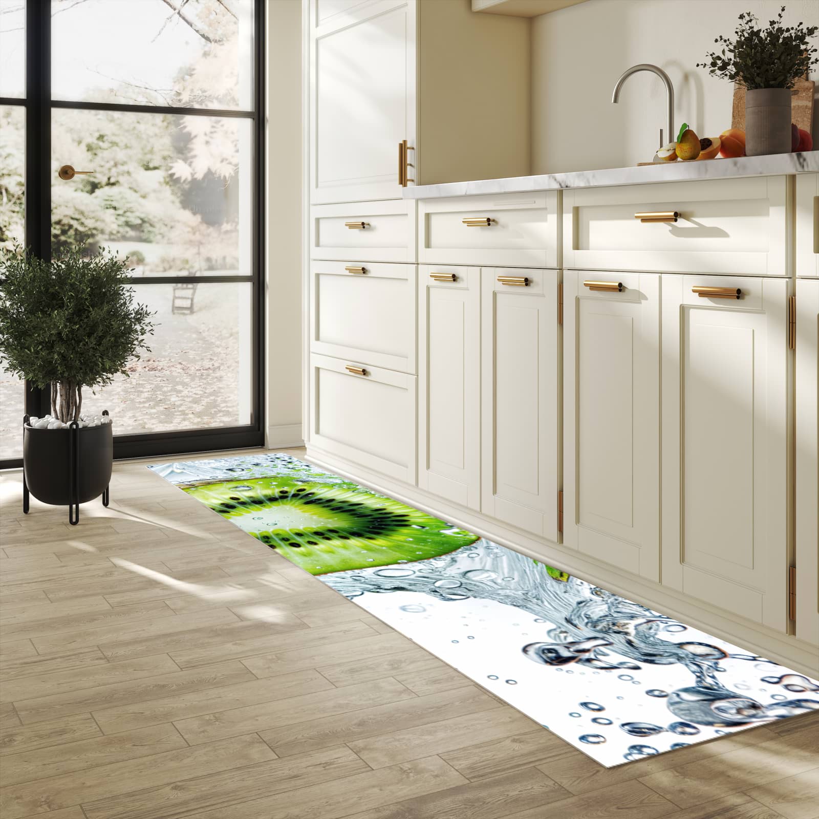 Komfortabler Teppich fürs Esszimmer mit Motiv Kiwi im Wasser in heller Küche, waschbar