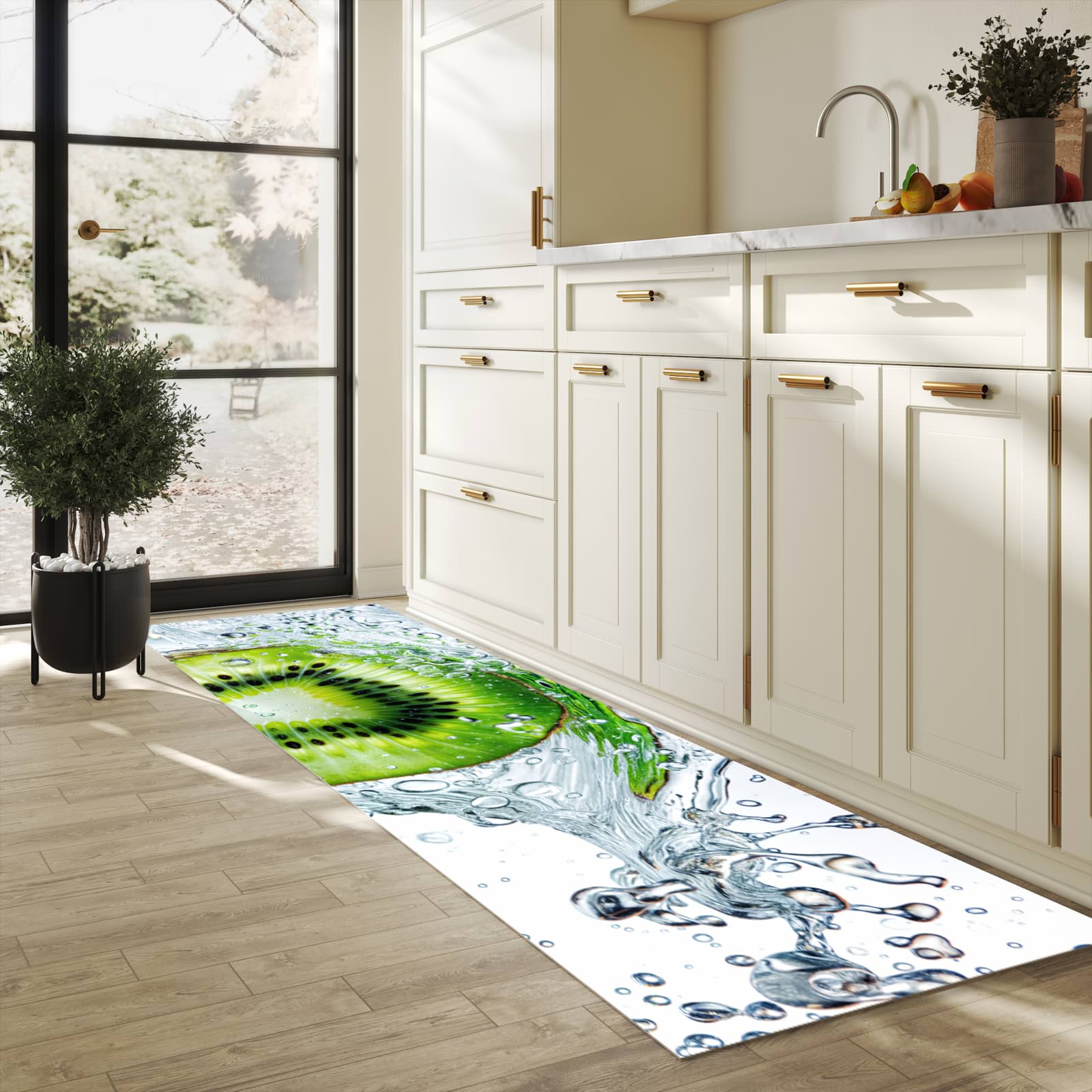 Strapazierfähiger Küchenteppich mit Motiv Kiwi im Wasser in heller Küche