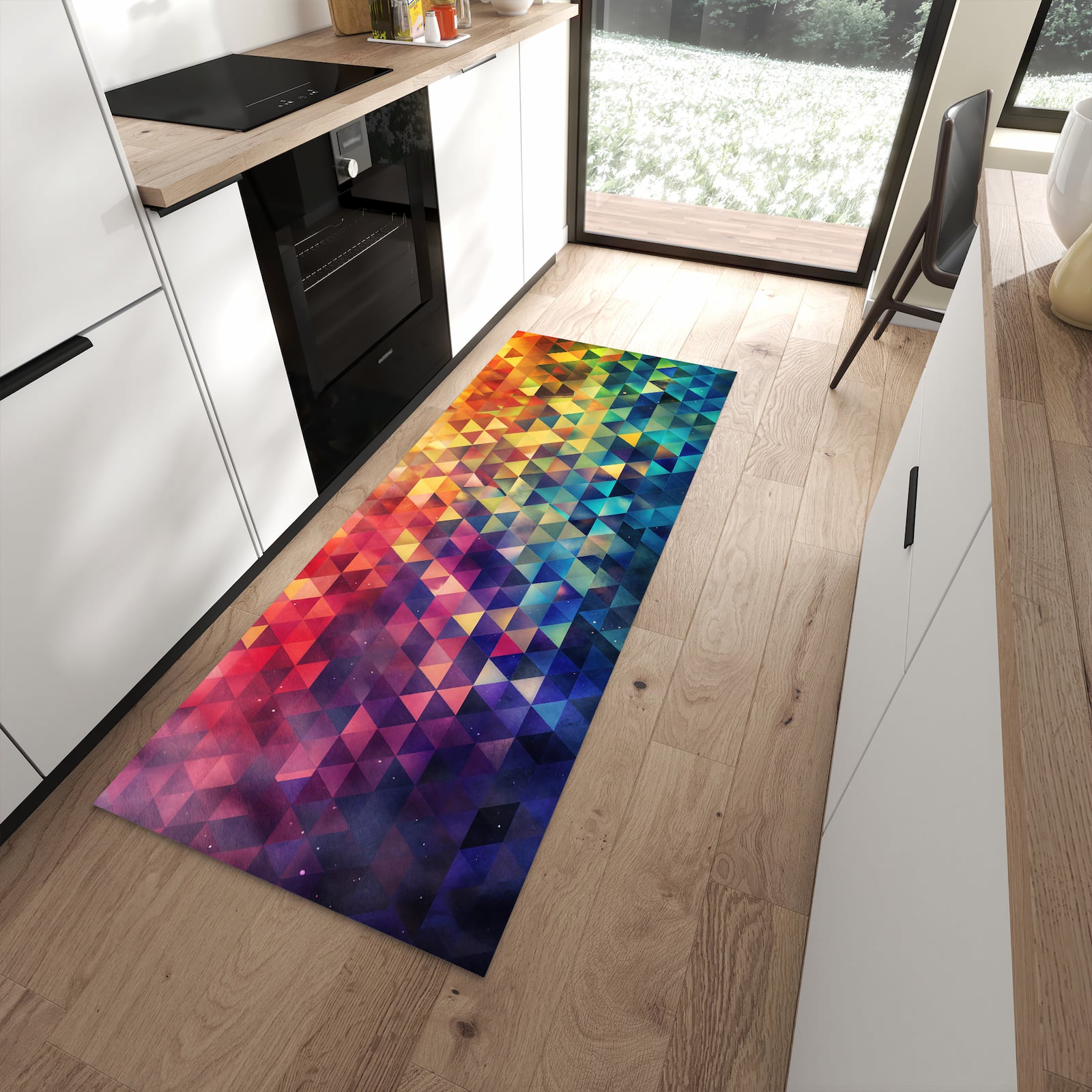 Formstabiler Küchenläufer mit Motiv Bunte Dreiecke in moderner Küche