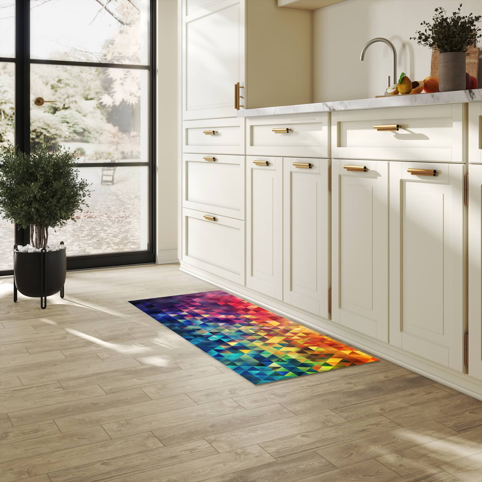 Läufer für die Küche mit Motiv Bunte Dreiecke in heller Küche für Ordnung