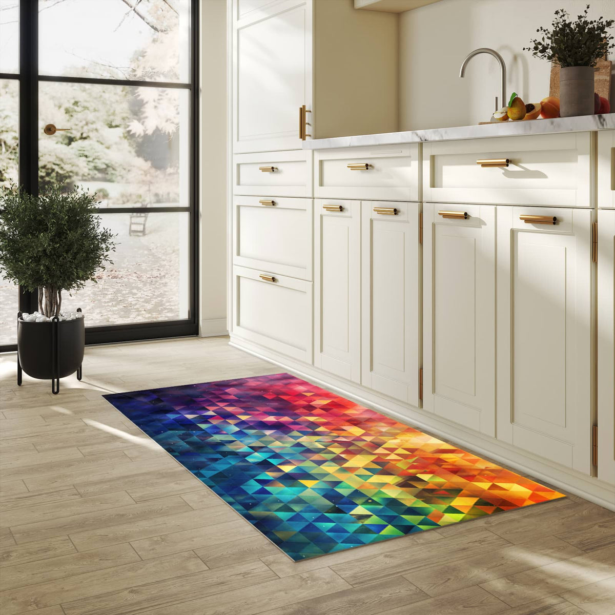 Wasserabweisender Küchenläufer mit Motiv Bunte Dreiecke in heller Küche