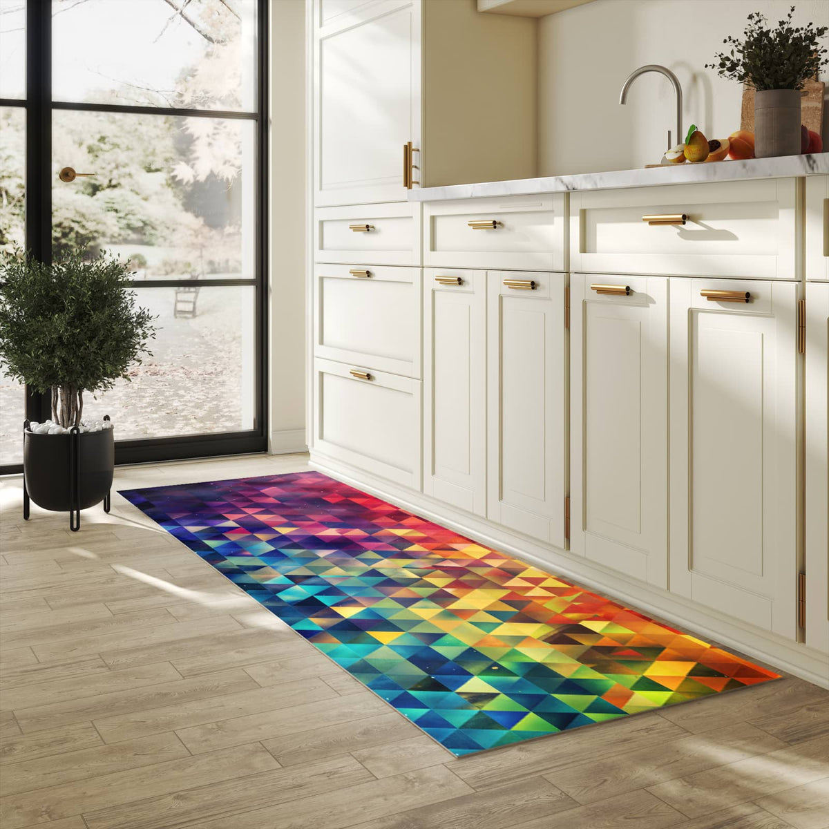 Abriebfester Küchenläufer mit Motiv Bunte Dreiecke in heller Küche