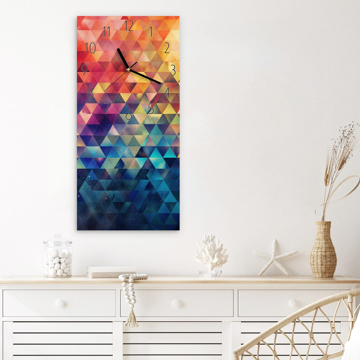 Wanduhr Bunte Dreiecke aus Glas – Kaleidoskop aus bunten Dreiecken
