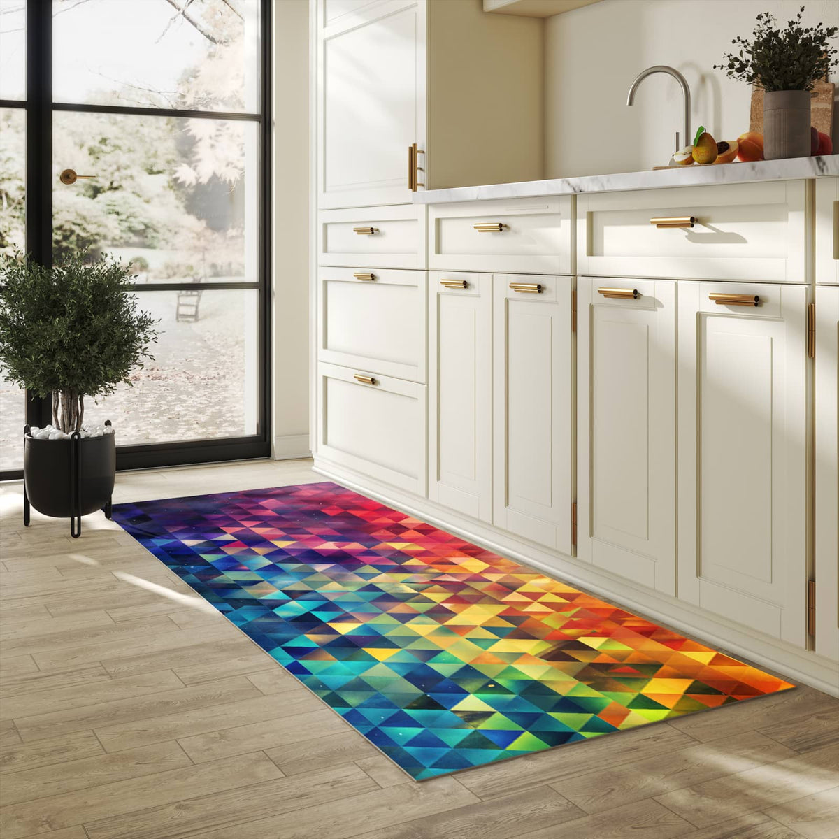 Fleckenresistenter langer Teppich mit Motiv Bunte Dreiecke in heller Küche