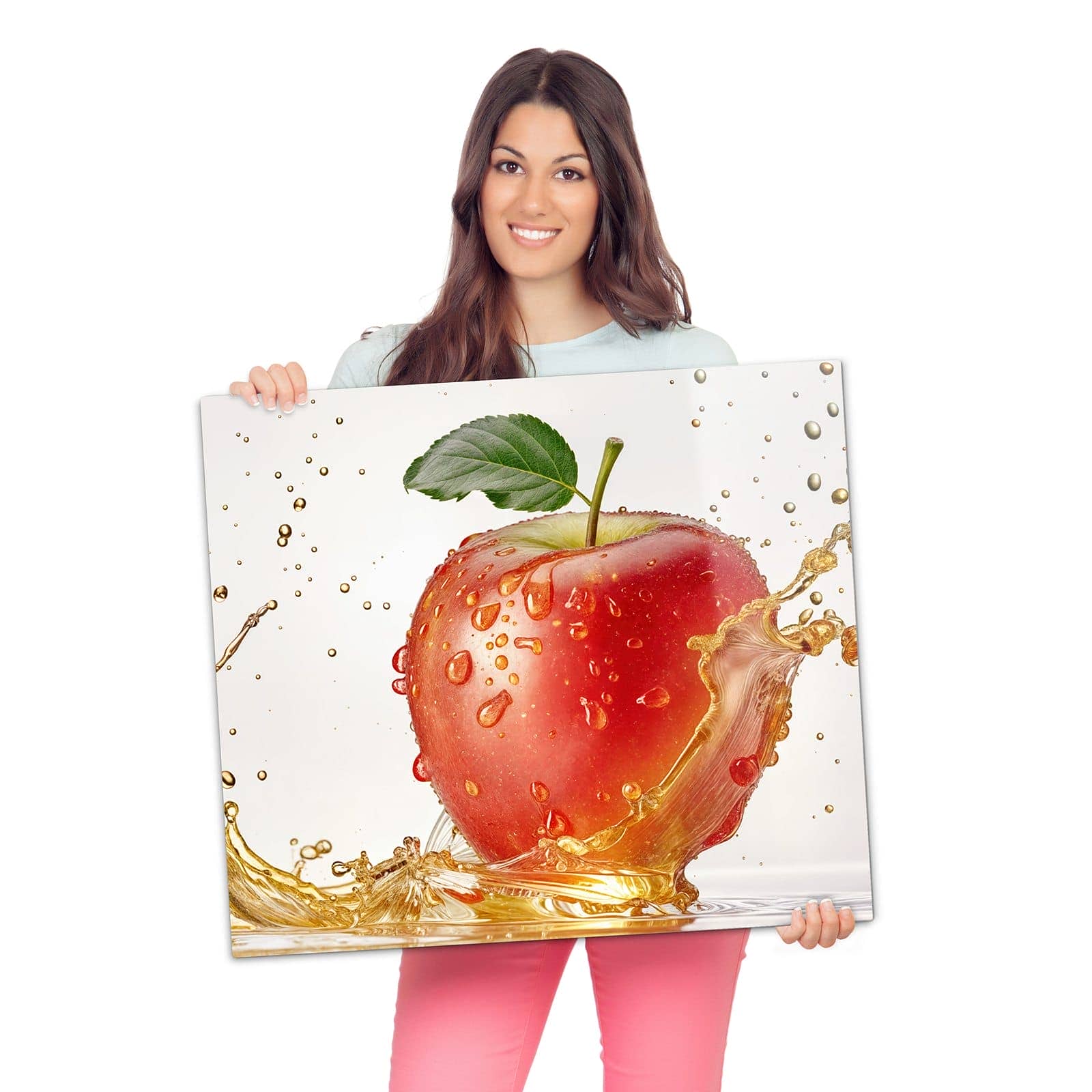Herdabdeckplatte Induktion mit Spritziger Apfel-Motiv wird zur Größendarstellung gehalten