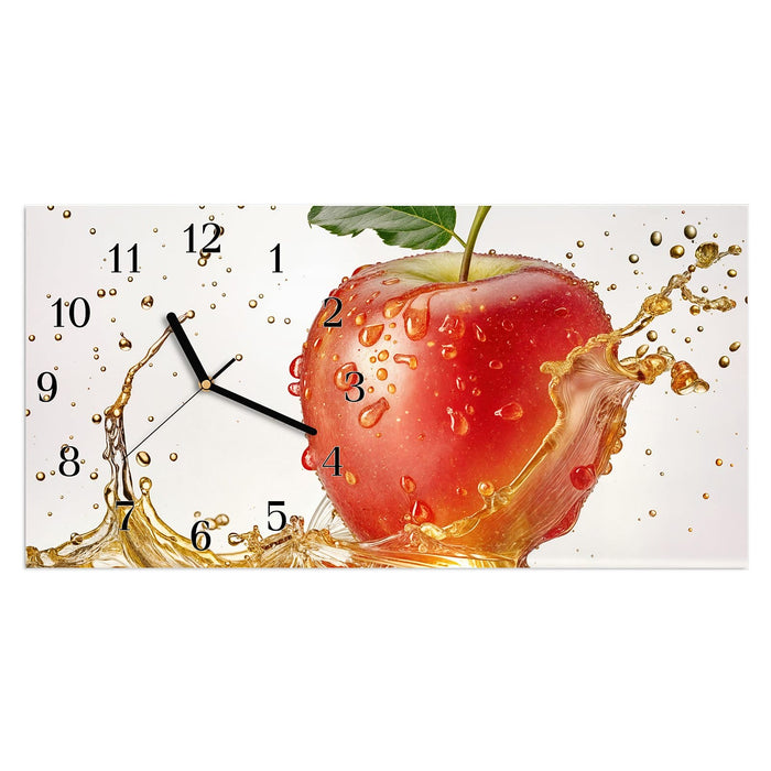Wanduhr Spritziger Apfel aus Glas – Querformat 60 × 30 cm mit Ziffernblatt Klassisch