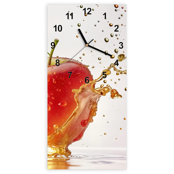 Wanduhr Spritziger Apfel aus Glas – Hochformat 30 × 60 cm mit Ziffernblatt Modern