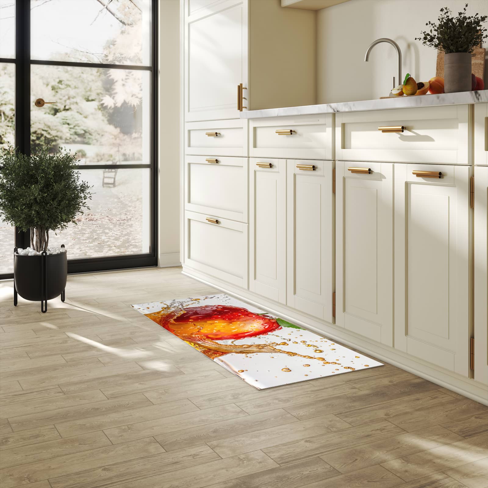 Farbbeständiger waschbarer Küchenteppich mit Motiv Apfel von Spritzender in heller Küche