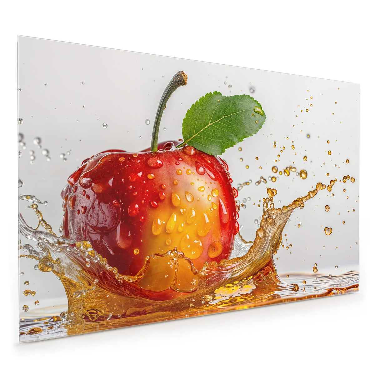 Küchenrückwand aus Glas im Hochformat: Roter Apfel mit grünem Blatt fällt in goldbraunen Saft, Spritzer ringsum
