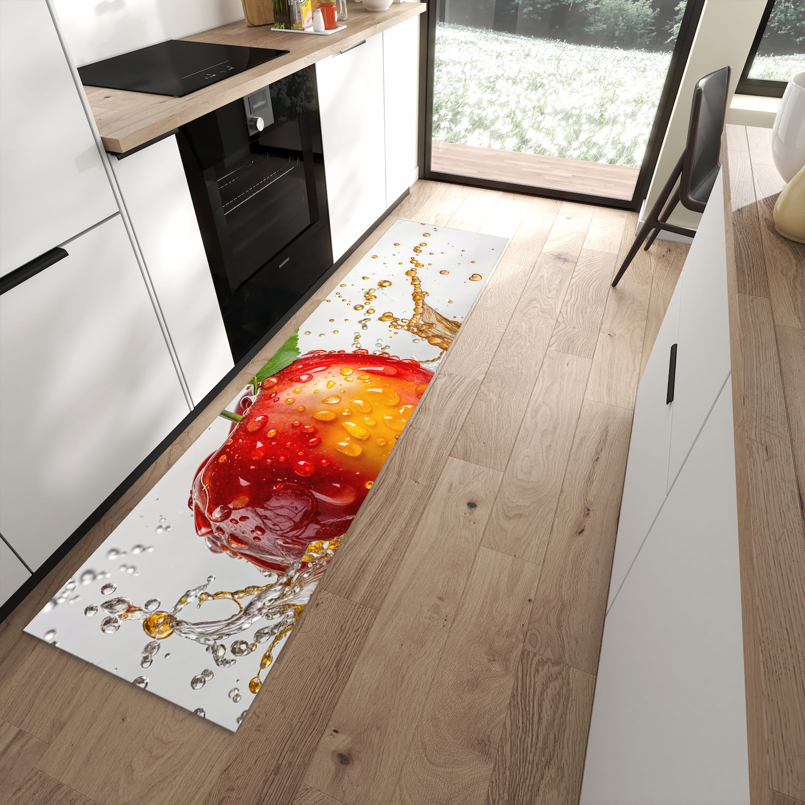Bodenschonender rutschfester Läufer mit Motiv Apfel von Spritzender in moderner Küche