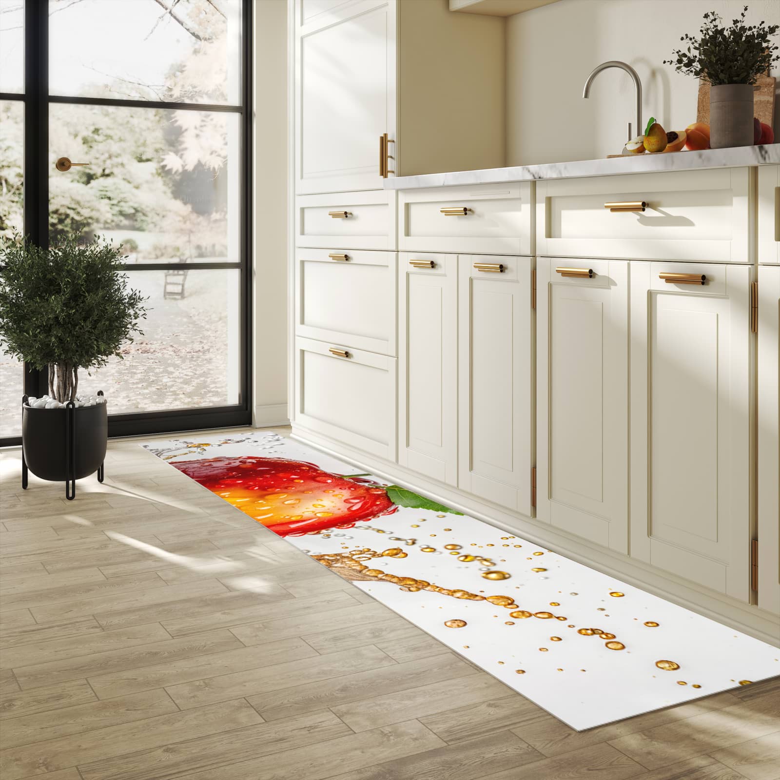 Geräuschdämpfender Küchenläufer mit Motiv Apfel von Spritzender in heller Küche