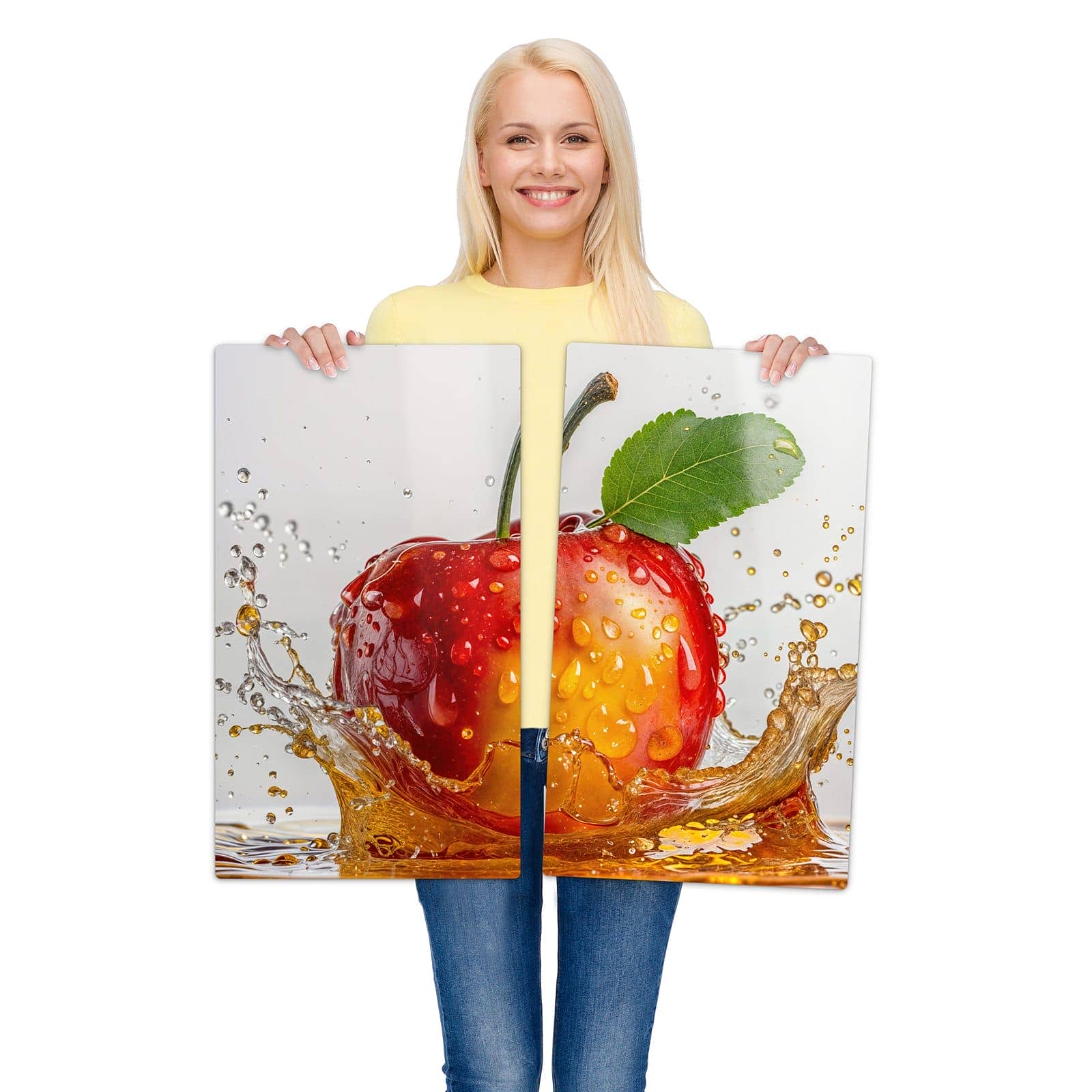2-teilige Glasplatte für Herd mit Apfel mit Saftspritzer-Motiv wird zur Größendarstellung gehalten