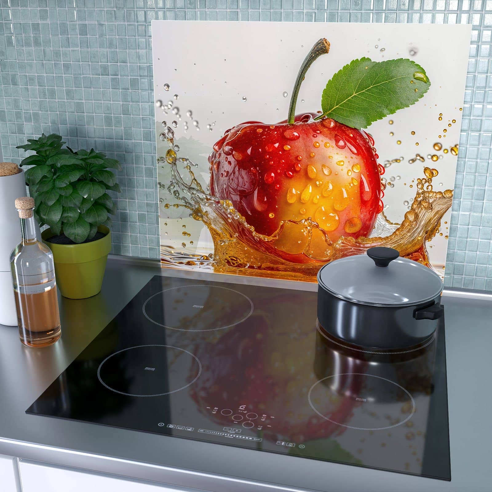 1-teilige Herdabdeckung für Induktionsfeld mit Apfel mit Saftspritzer-Motiv als Spritzschutz hinter dem Kochfeld
