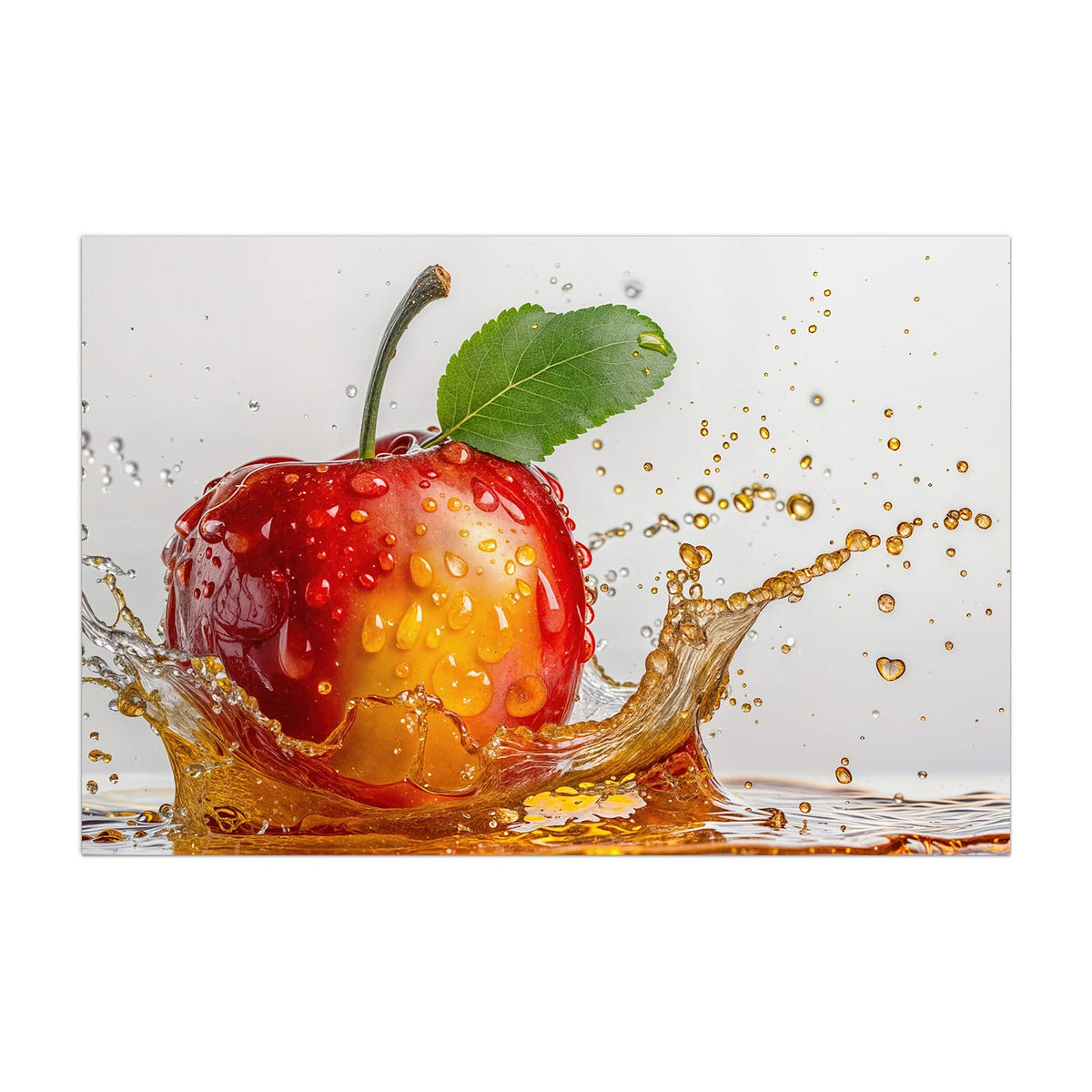 Küchenrückwand aus Glas Apfel mit Saftspritzer im Hochformat, Motiv bildfüllend von vorn