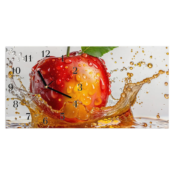 Wanduhr Apfel mit Saftspritzer aus Glas – Querformat 60 × 30 cm mit Ziffernblatt Klassisch