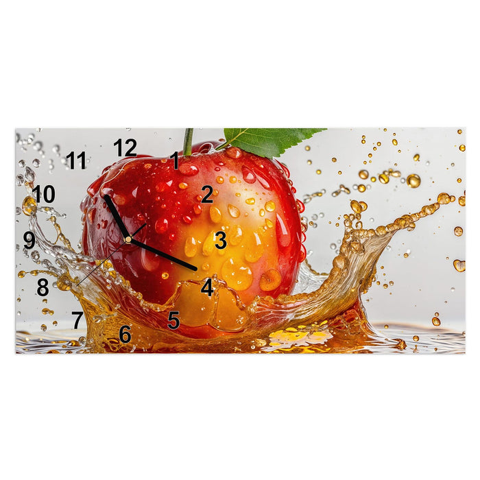 Wanduhr Apfel mit Saftspritzer aus Glas – Querformat 60 × 30 cm mit Ziffernblatt Modern