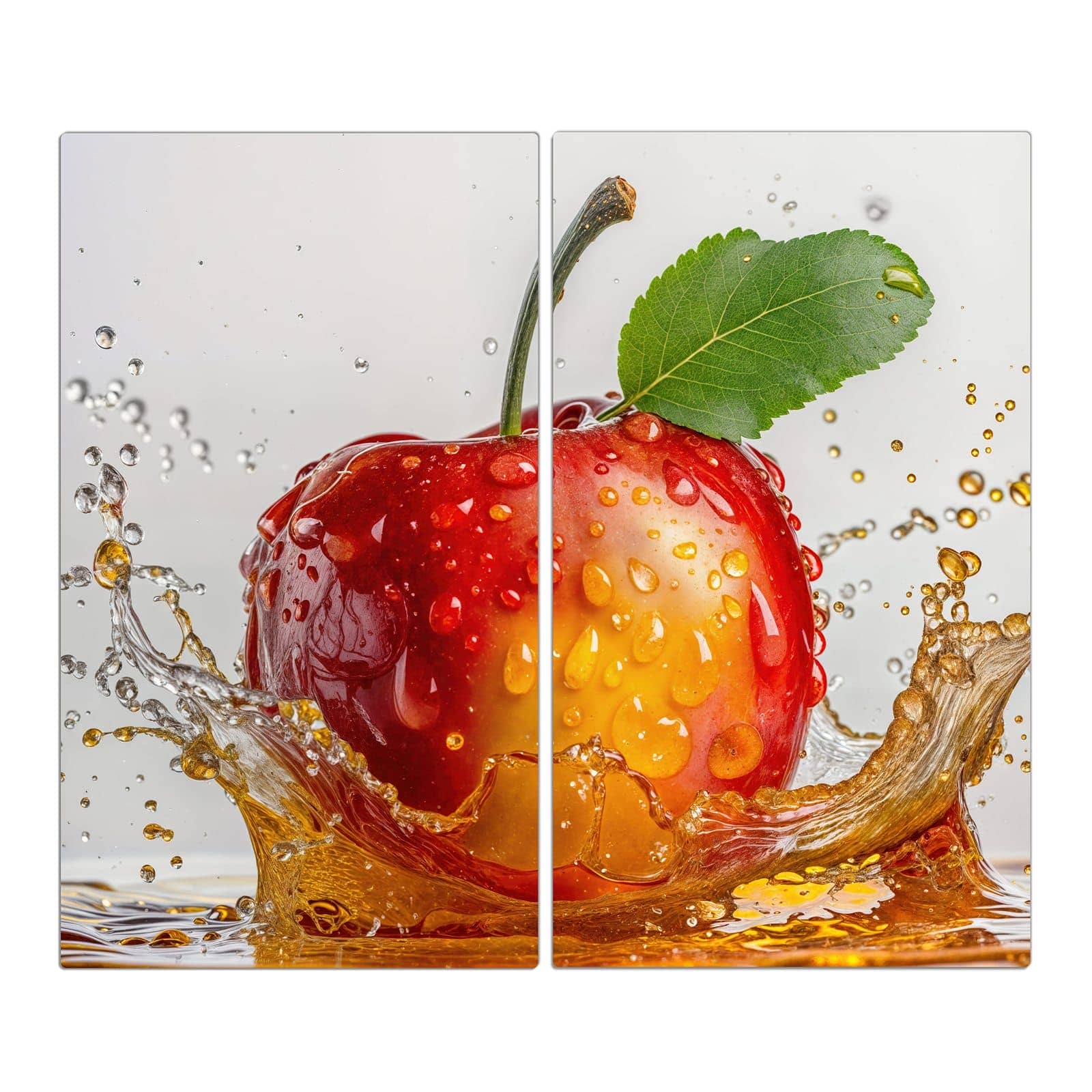 2-teilige Abdeckplatten für Ceranfeld mit Apfel mit Saftspritzer-Motiv in der Frontansicht #grösse_2-Teilig (60x52cm)