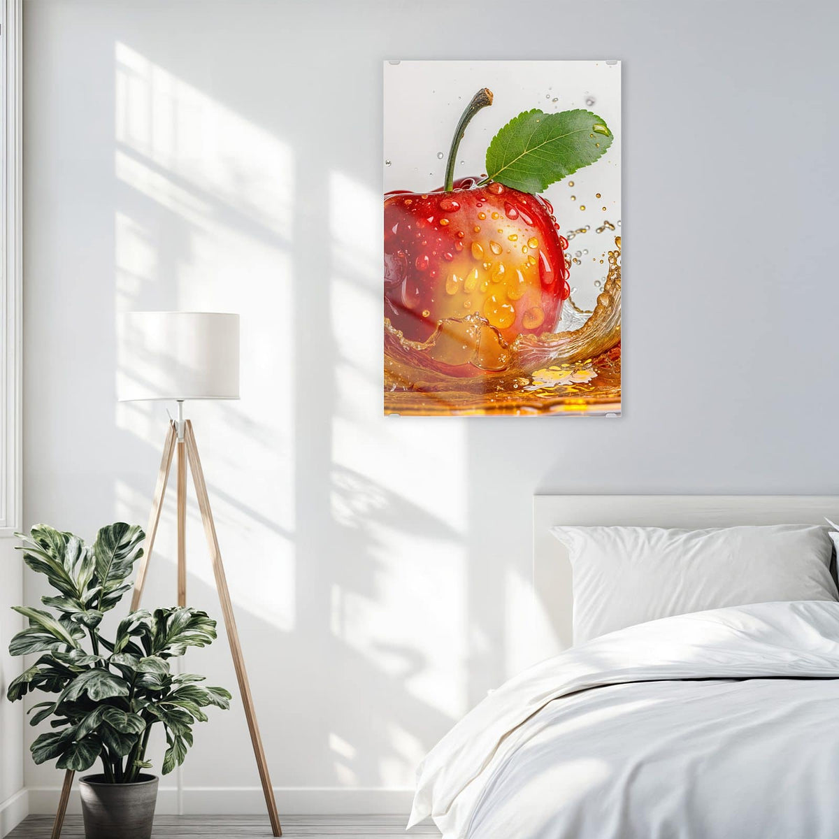 Wandbild aus Glas Apfel mit Saftspritzer über einem Bett im hellen Schlafzimmer