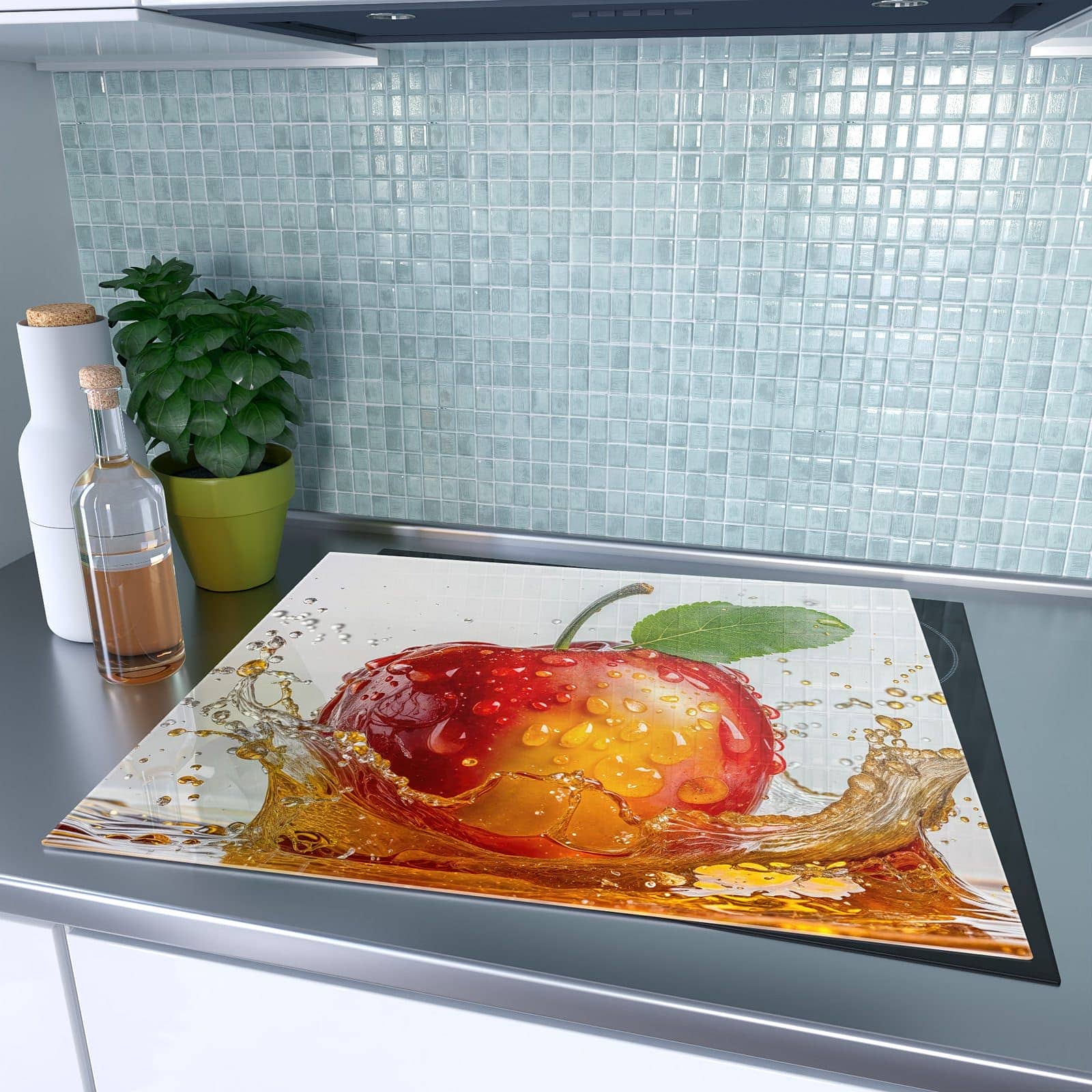 1-teilige Herdabdeckplatten für Ceranfeld mit Apfel mit Saftspritzer-Motiv auf dem Ceranfeld