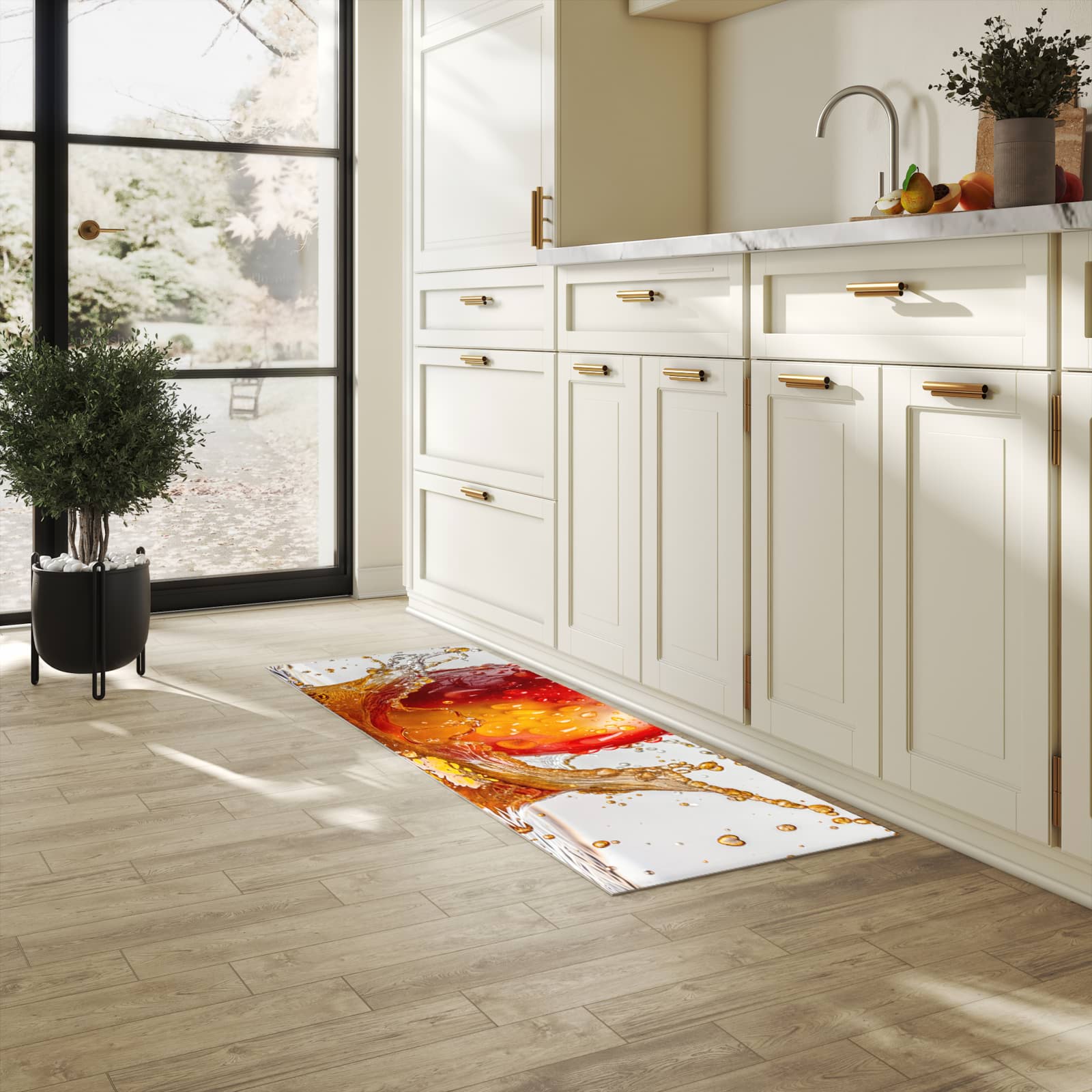 Formstabiler großer Küchenteppich mit Motiv Apfel von Spritzender in heller Küche