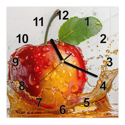 Wanduhr Quadratisch mit dem Motiv Apfel mit Saftspritzer