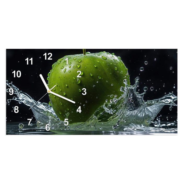 Wanduhr Apfel im Wasser aus Glas – Querformat 60 × 30 cm mit Ziffernblatt Modern