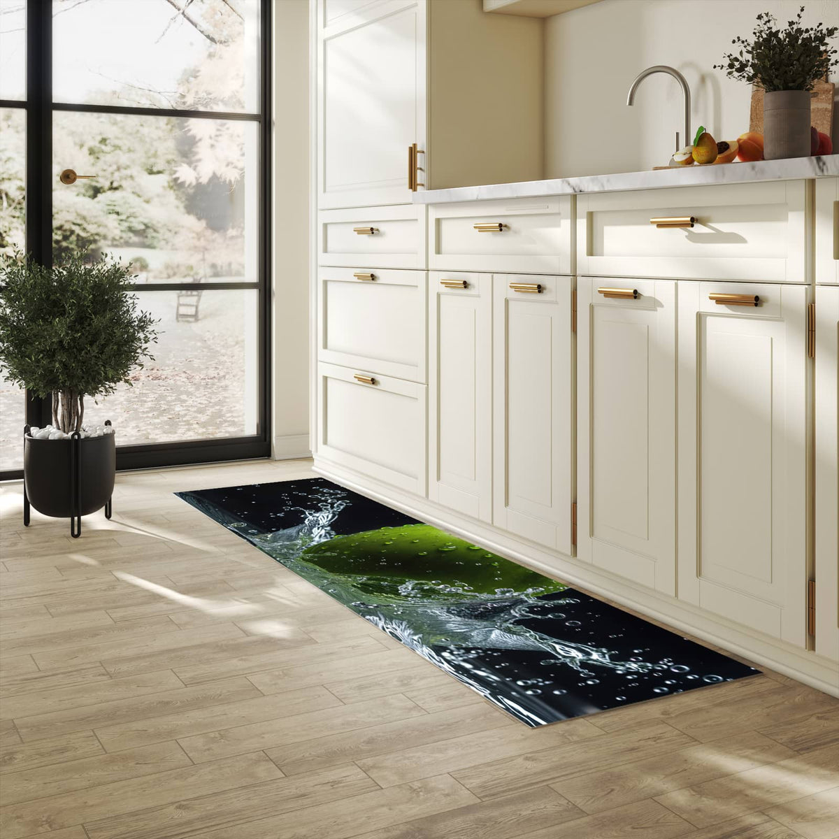 Waschbarer Teppich fürs Esszimmer mit Motiv Apfel im Wasser in heller Küche