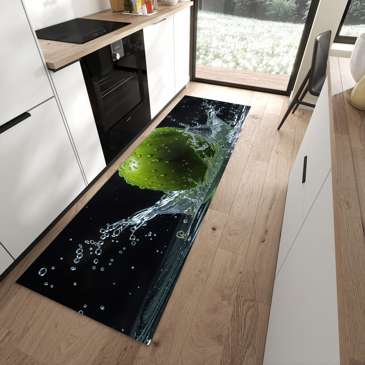 Hygienischer Küchenteppich mit Motiv Apfel im Wasser in moderner Küche - waschbar