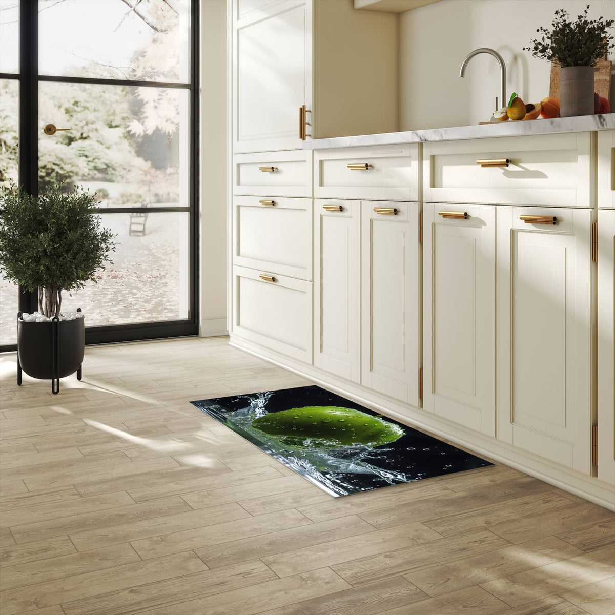 Pflegeleichter dünner Teppich mit Motiv Apfel im Wasser in heller Küche