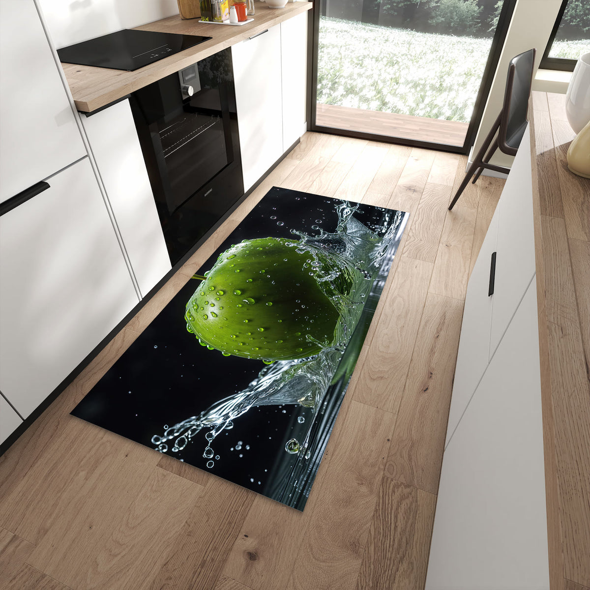 Langlebiger Küchenläufer mit Motiv Apfel im Wasser in moderner Küche