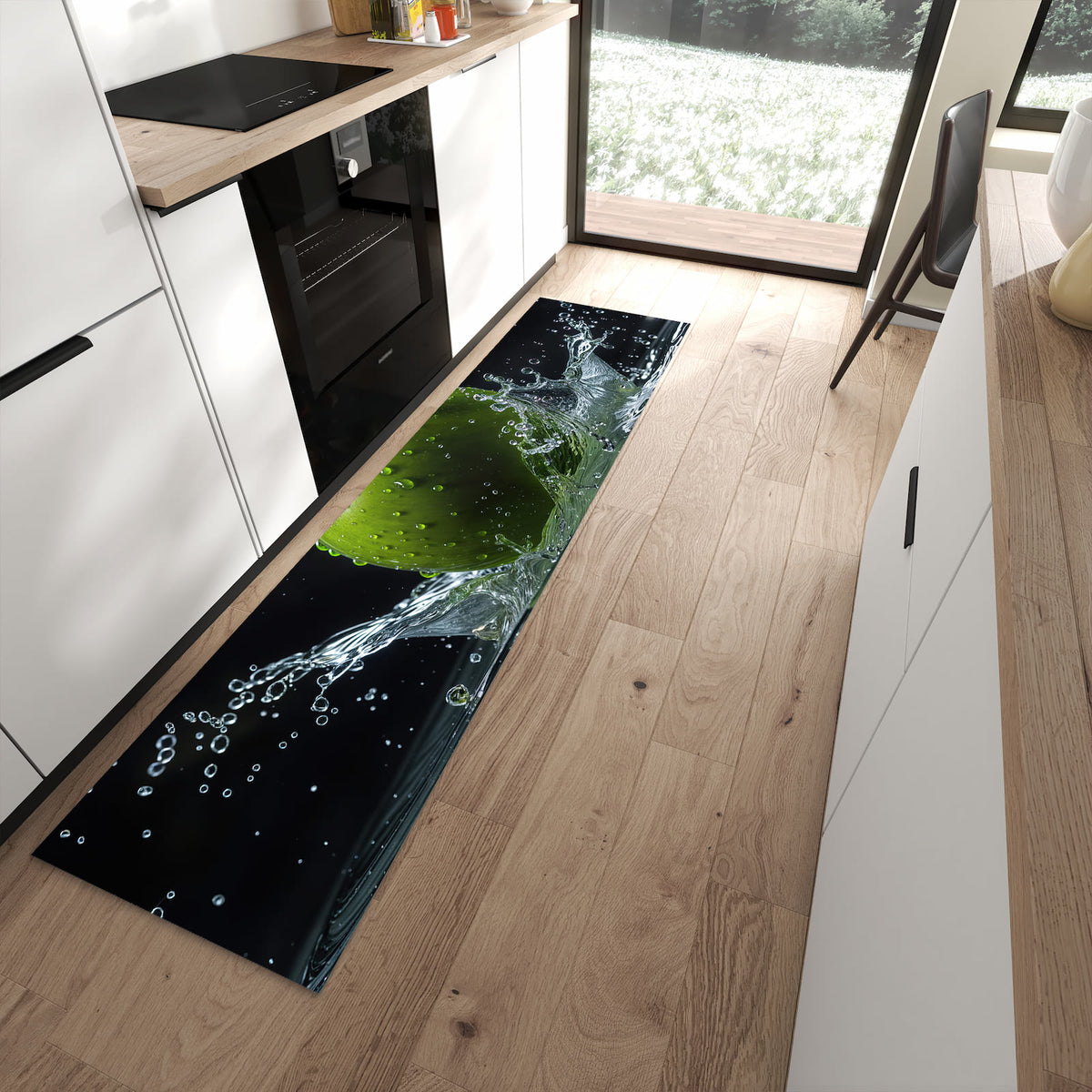 Pflegeleichter Läufer für die Küche mit Motiv Apfel im Wasser in moderner Küche