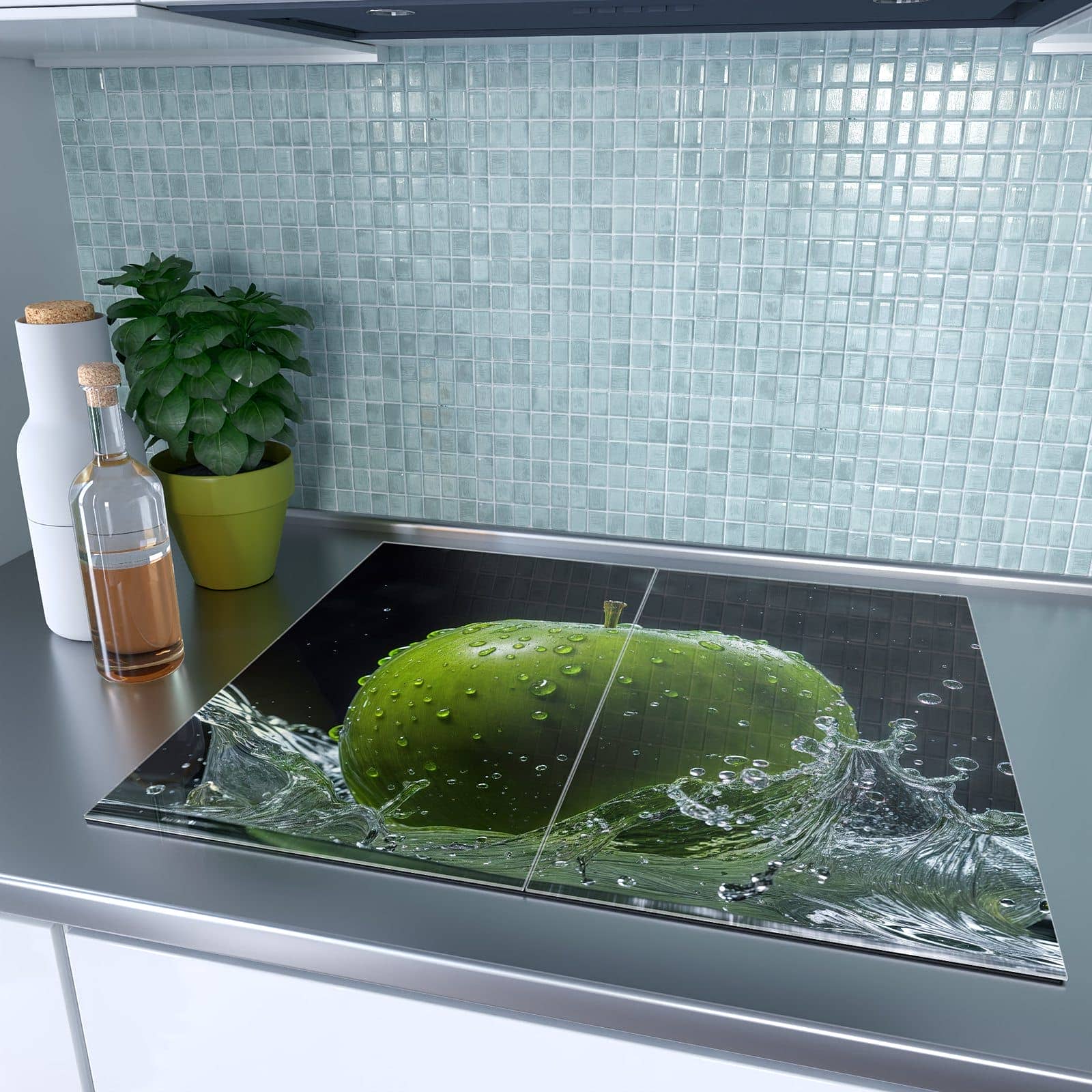 2-teilige Abdeckplatte für Induktionsherd mit Apfel im Wasser-Motiv auf dem Ceranfeld