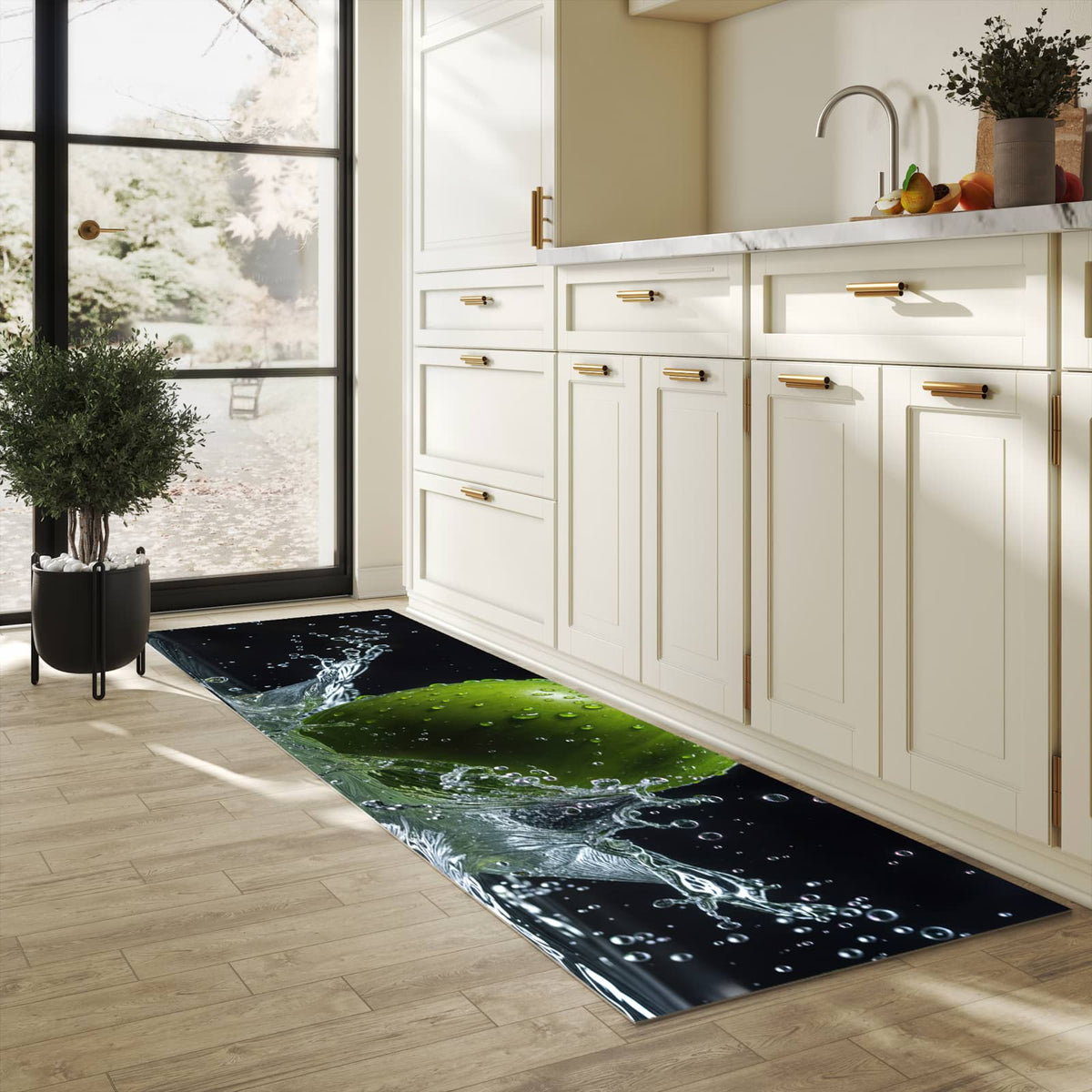 Rutschfester Küchenteppich mit Motiv Apfel im Wasser in heller Küche