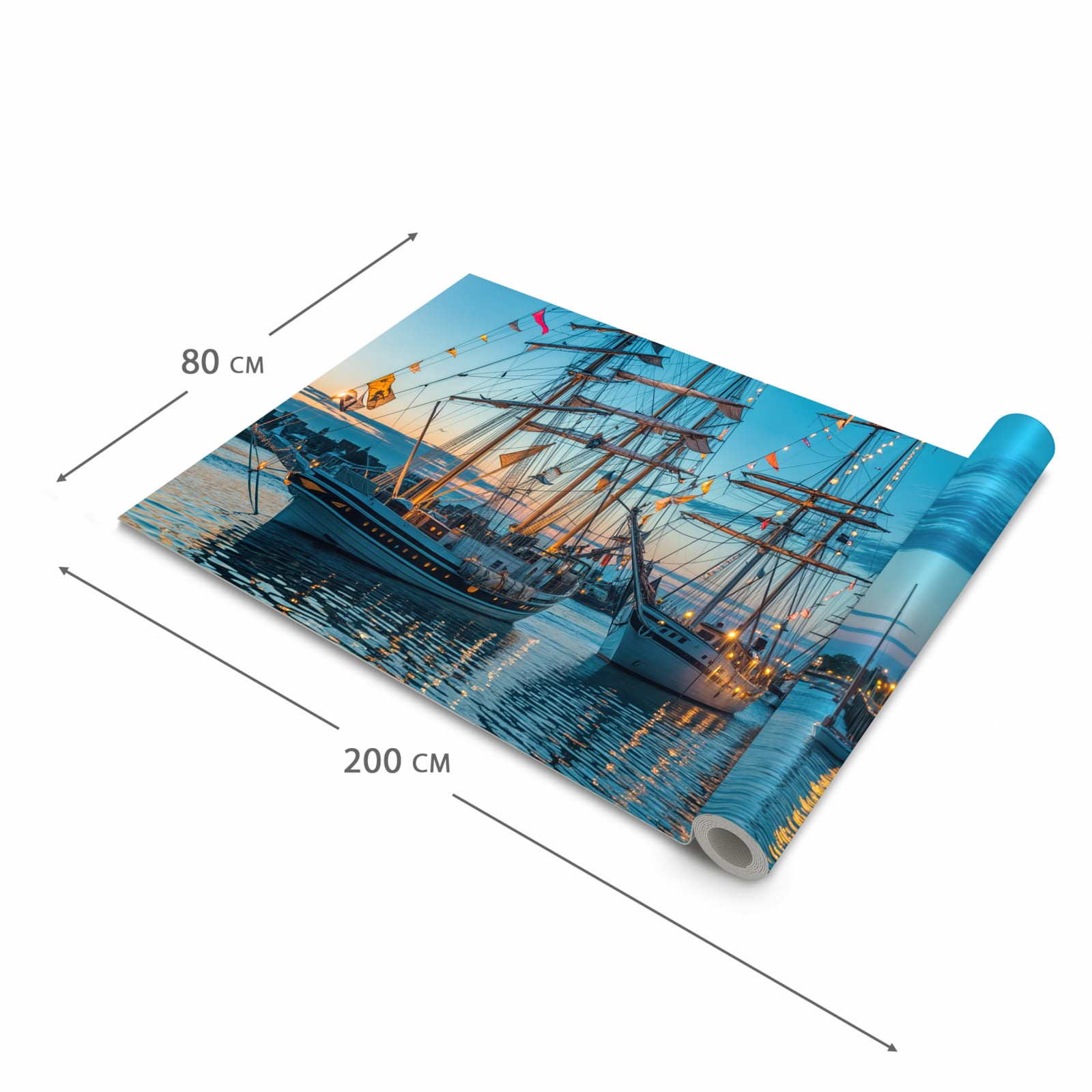 Geräuschdämpfender Küchenläufer mit Motiv Schiffe im Hafen in der Grösse 90x180 cm