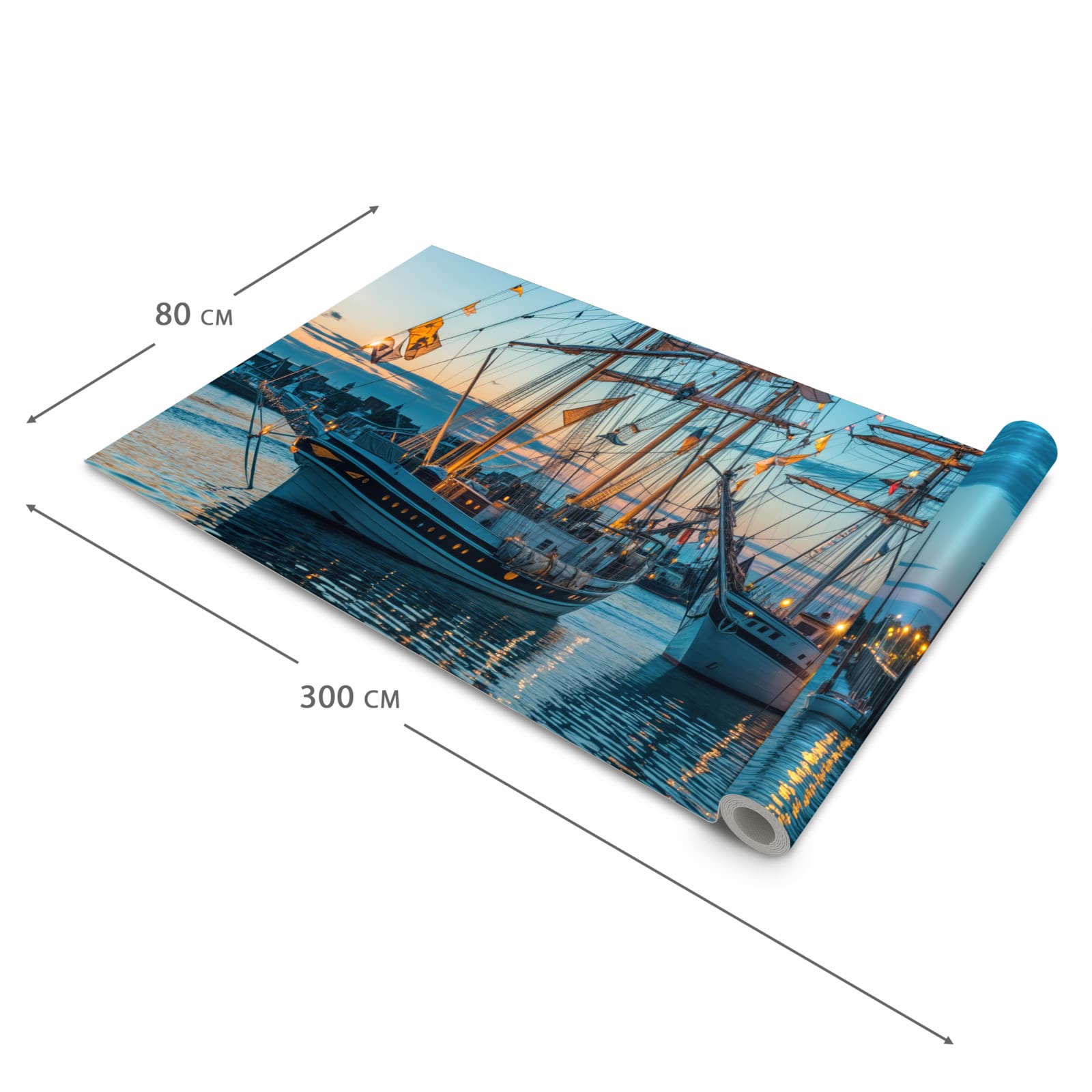 Waschbarer Küchenläufer mit Motiv Schiffe im Hafen in der Grösse 90x240 cm für Trittkomfort