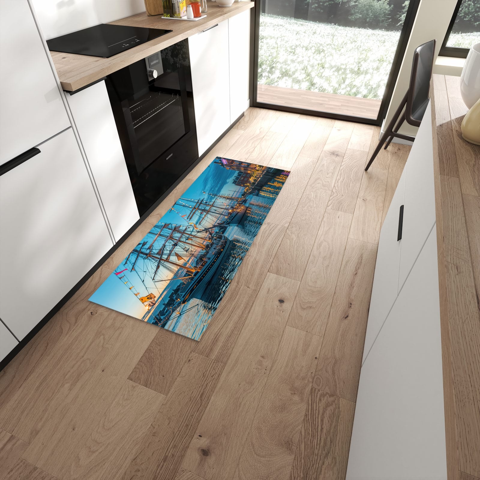 Bodenschonender rutschfester Küchenläufer mit Motiv Schiffe im Hafen in moderner Küche #grösse_60 x 150 cm