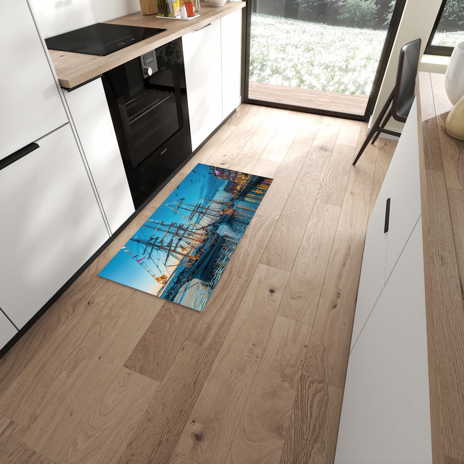 Waschbarer Küchenläufer mit Motiv Schiffe im Hafen für Ordnung in moderner Küche #grösse_60 x 120 cm