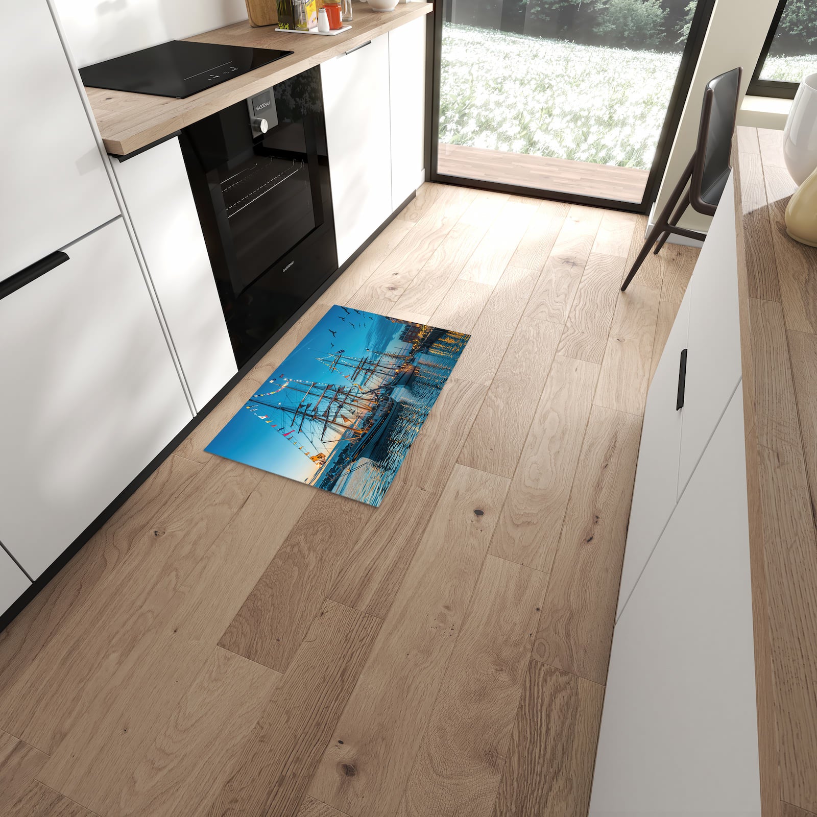 Geräuschdämpfender abwaschbarer Küchenläufer mit Motiv Schiffe im Hafen in moderner Küche