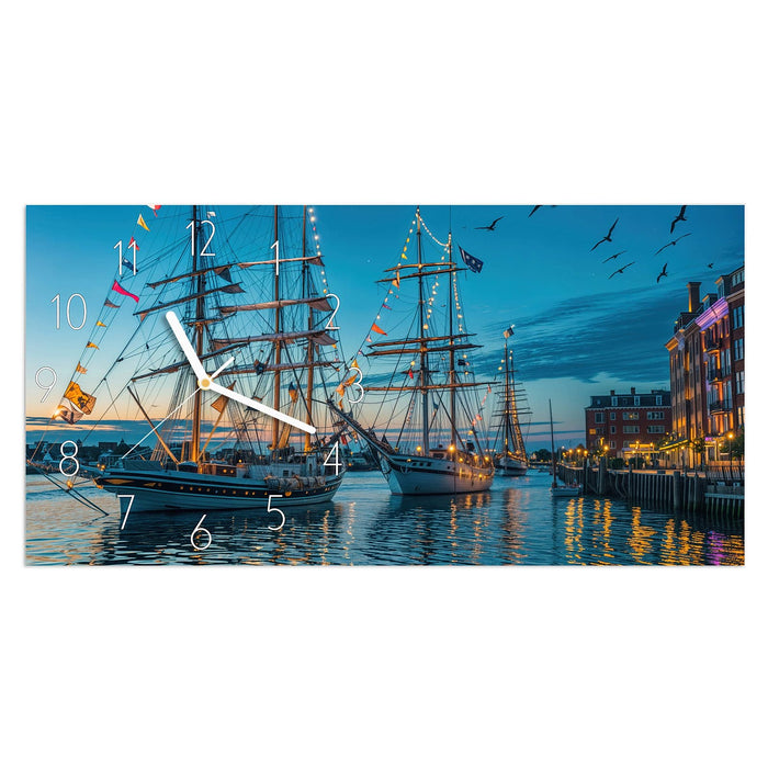 Wanduhr Schiffe im Hafen aus Glas – Querformat 60 × 30 cm mit Ziffernblatt Elegant