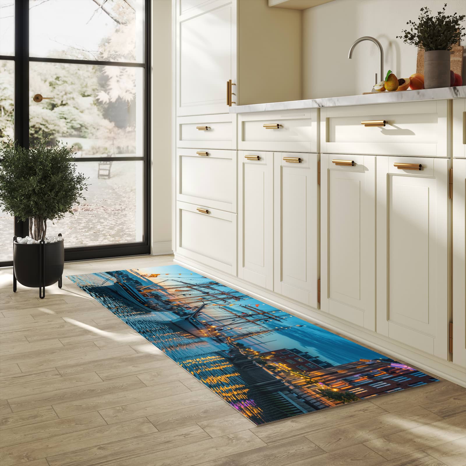 Fleckenresistenter waschbarer Läufer mit Motiv Schiffe im Hafen in heller Küche