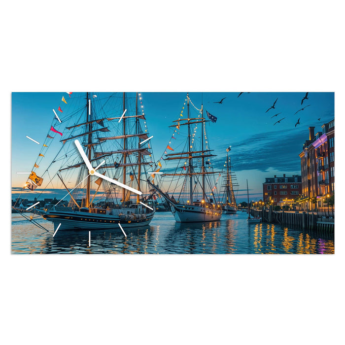Wanduhr Schiffe im Hafen aus Glas – Querformat 60 × 30 cm mit Ziffernblatt Linie