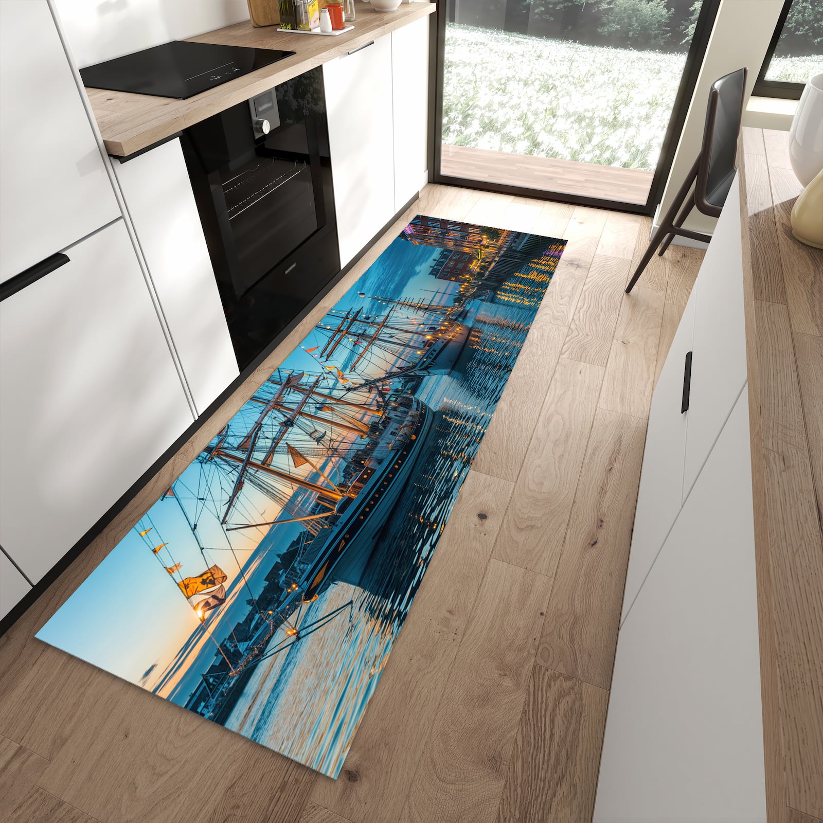 UV-beständiger Küchenteppich mit Motiv Schiffe im Hafen in moderner Küche