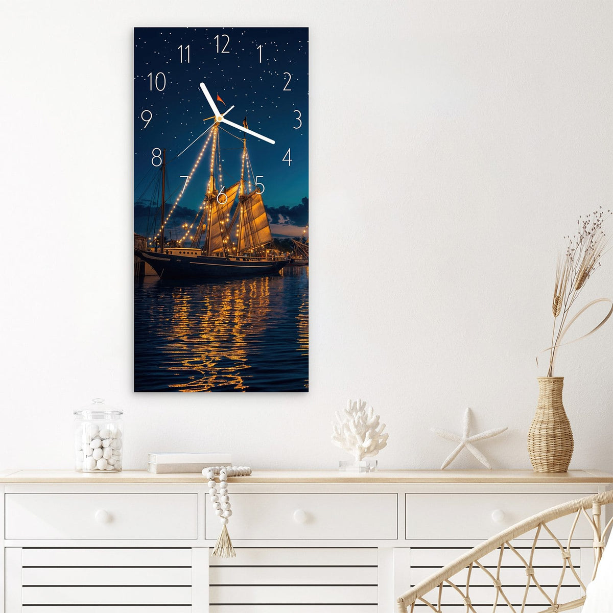 Wanduhr Nachthafen aus Glas – Erleuchtete Segelschiffe bei Nacht