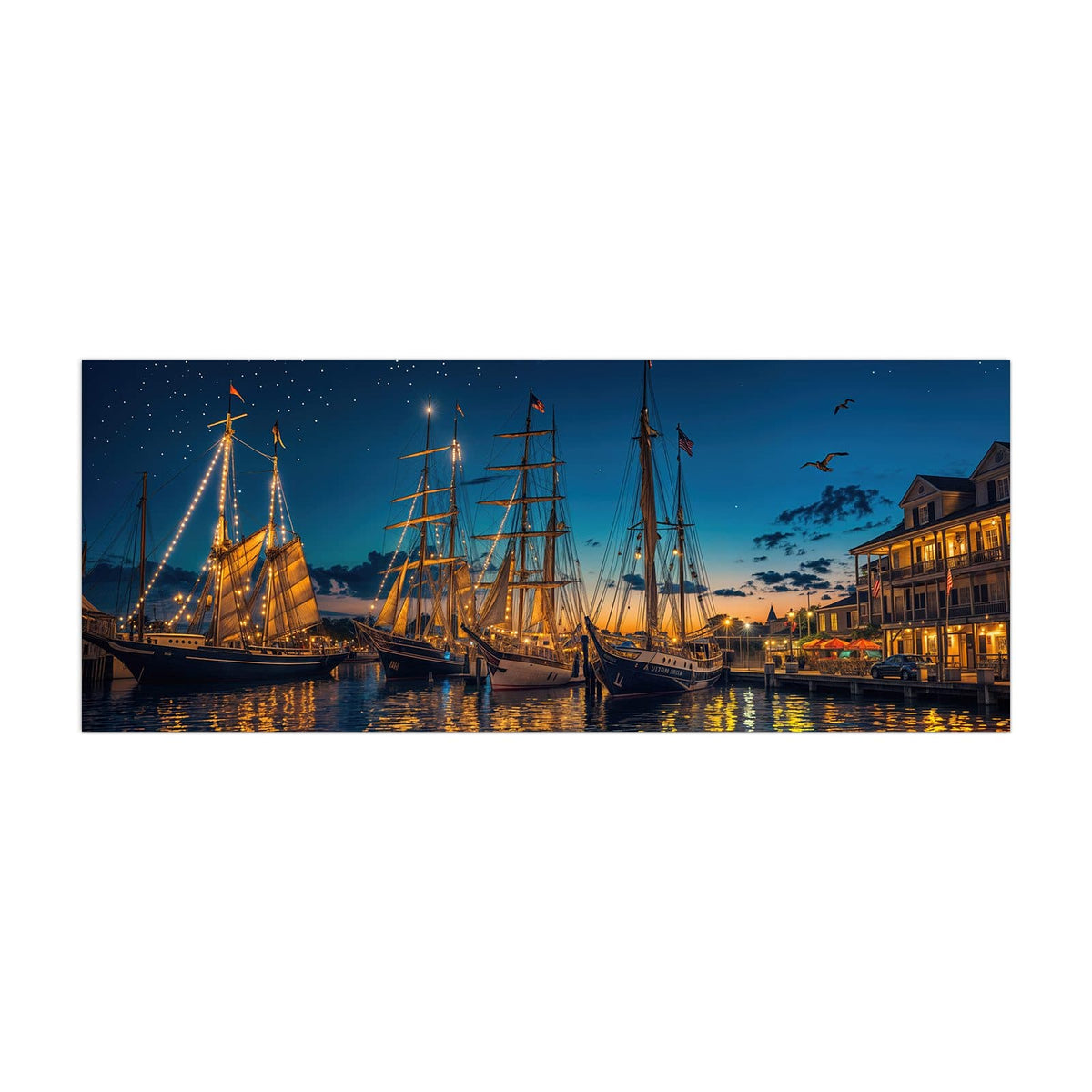 Küchenrückwand aus Glas Segelschiffe bei Nacht im Hochformat, Motiv bildfüllend von vorn