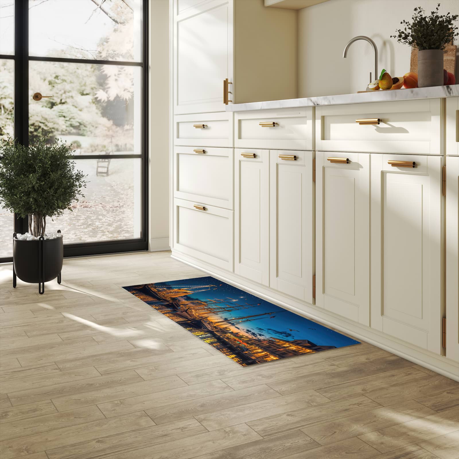 Pflegeleichter moderner Küchenläufer mit Motiv Nachthafen in heller Küche