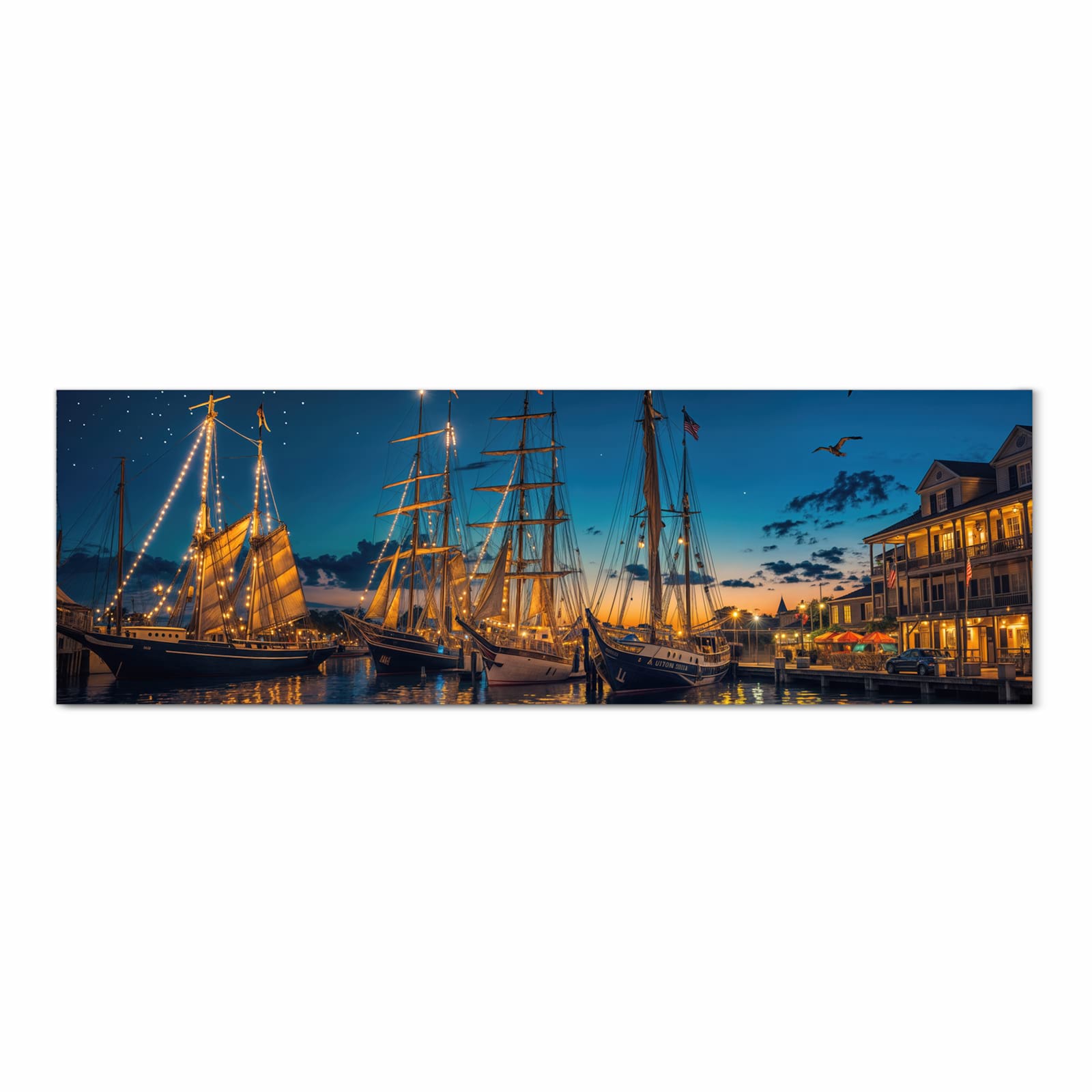 Pflegeleichter Küchenläufer mit Motiv Nachthafen in Frontansicht