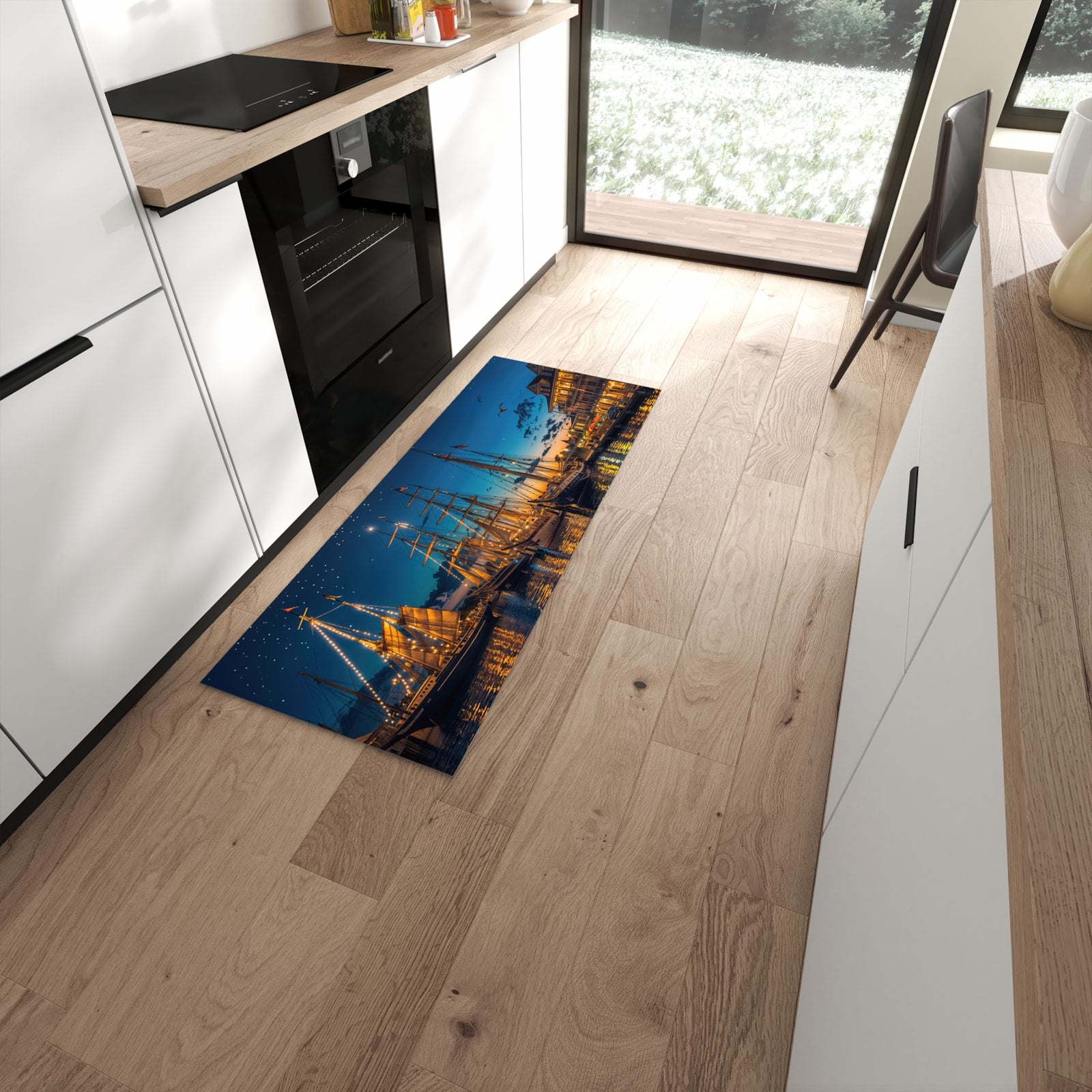 Pflegeleichter Küchenteppich mit Motiv Nachthafen in moderner Küche #grösse_60 x 150 cm